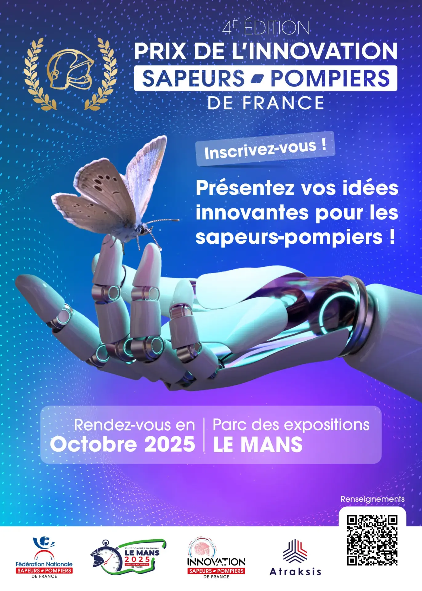 Affiche de la "4E ÉDITION PRIX DE L'INNOVATION SAPEURS-POMPIERS DE FRANCE". Elle présente une main robotique tenant un papillon, symbolisant l'innovation. Le texte invite à s'inscrire et à présenter des idées innovantes pour les sapeurs-pompiers.